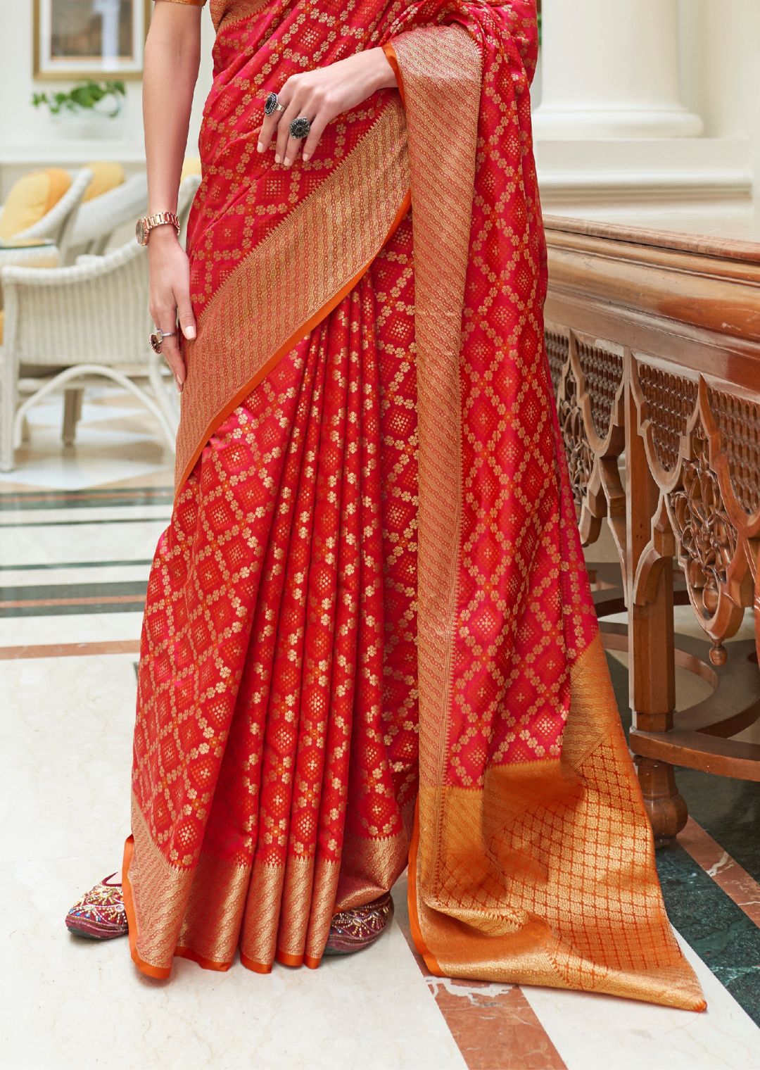 Red Zari Woven Traditional Patola Silk Saree With Self Brocade Blouse