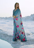 Turkish Blue Digital Printed Satin Crepe Saree