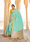 Celeste Blue Woven Exclusive Designer Banarasi Silk Saree With Embroidered Silk Blouse