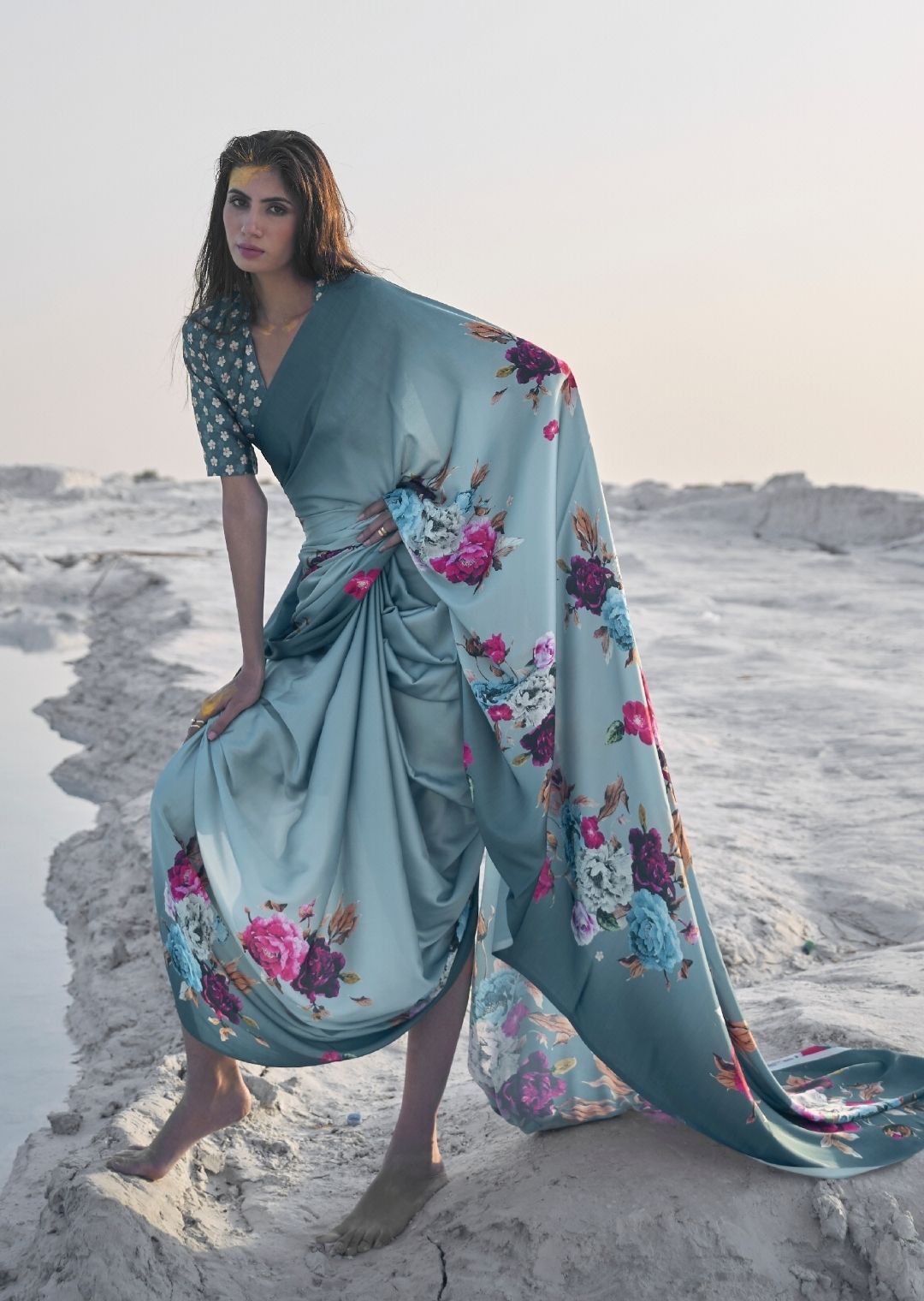 Turkish Blue Digital Printed Satin Crepe Saree