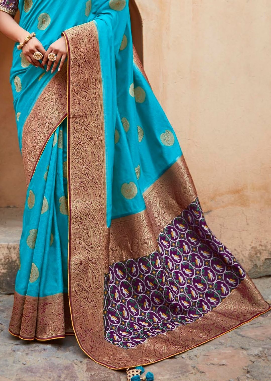 Deep Sky Blue Woven Traditional Patola Silk Saree With Embroidered Silk Blouse