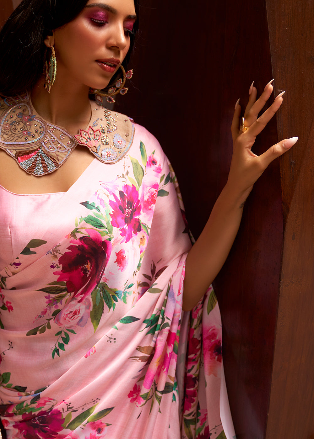 CARNATION PINK WOVEN DIGITAL PRINTED PURE SATIN CREPE SILK SAREE
