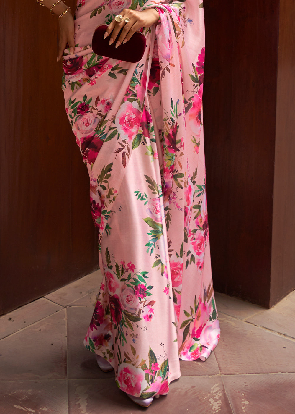 CARNATION PINK WOVEN DIGITAL PRINTED PURE SATIN CREPE SILK SAREE