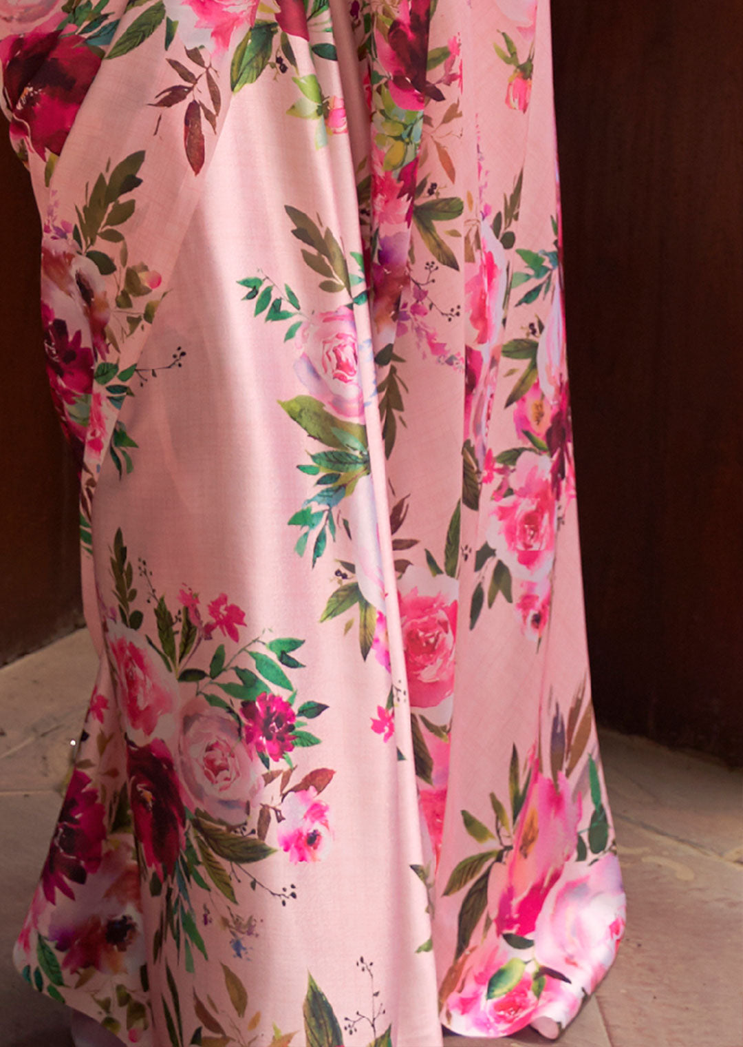 CARNATION PINK WOVEN DIGITAL PRINTED PURE SATIN CREPE SILK SAREE