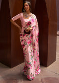 CARNATION PINK WOVEN DIGITAL PRINTED PURE SATIN CREPE SILK SAREE