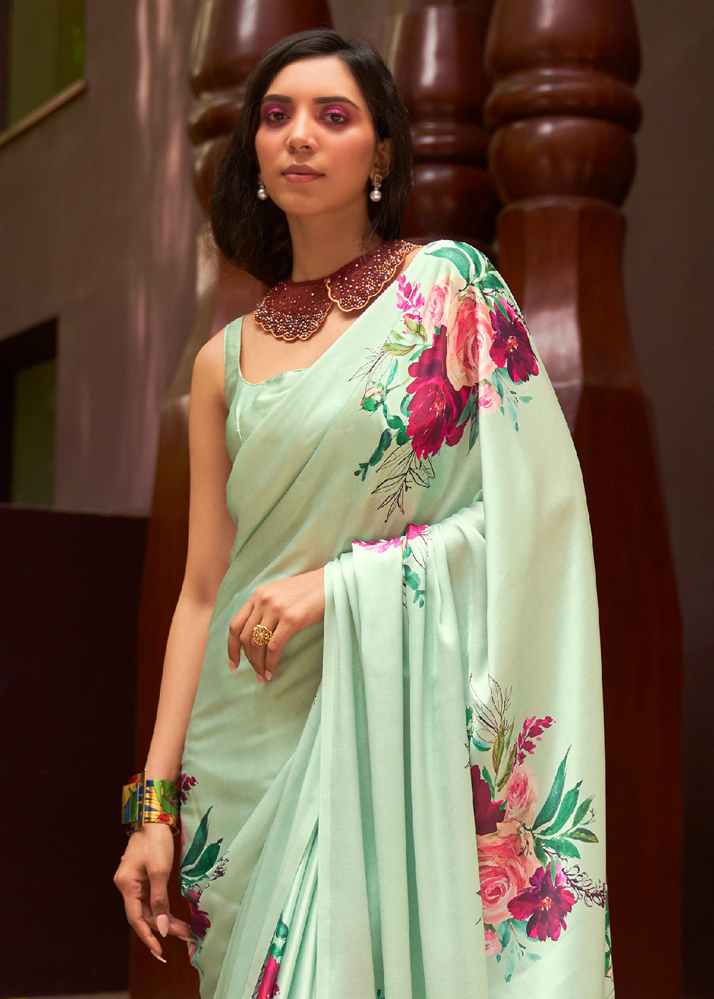 MINT GREEN WOVEN DIGITAL PRINTED PURE SATIN CREPE SILK SAREE