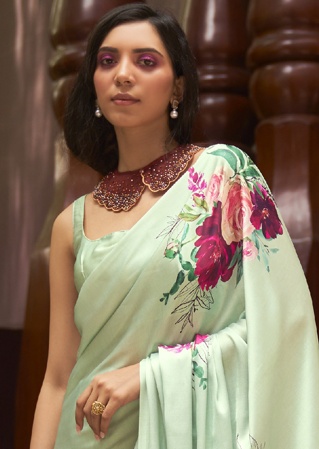 MINT GREEN WOVEN DIGITAL PRINTED PURE SATIN CREPE SILK SAREE