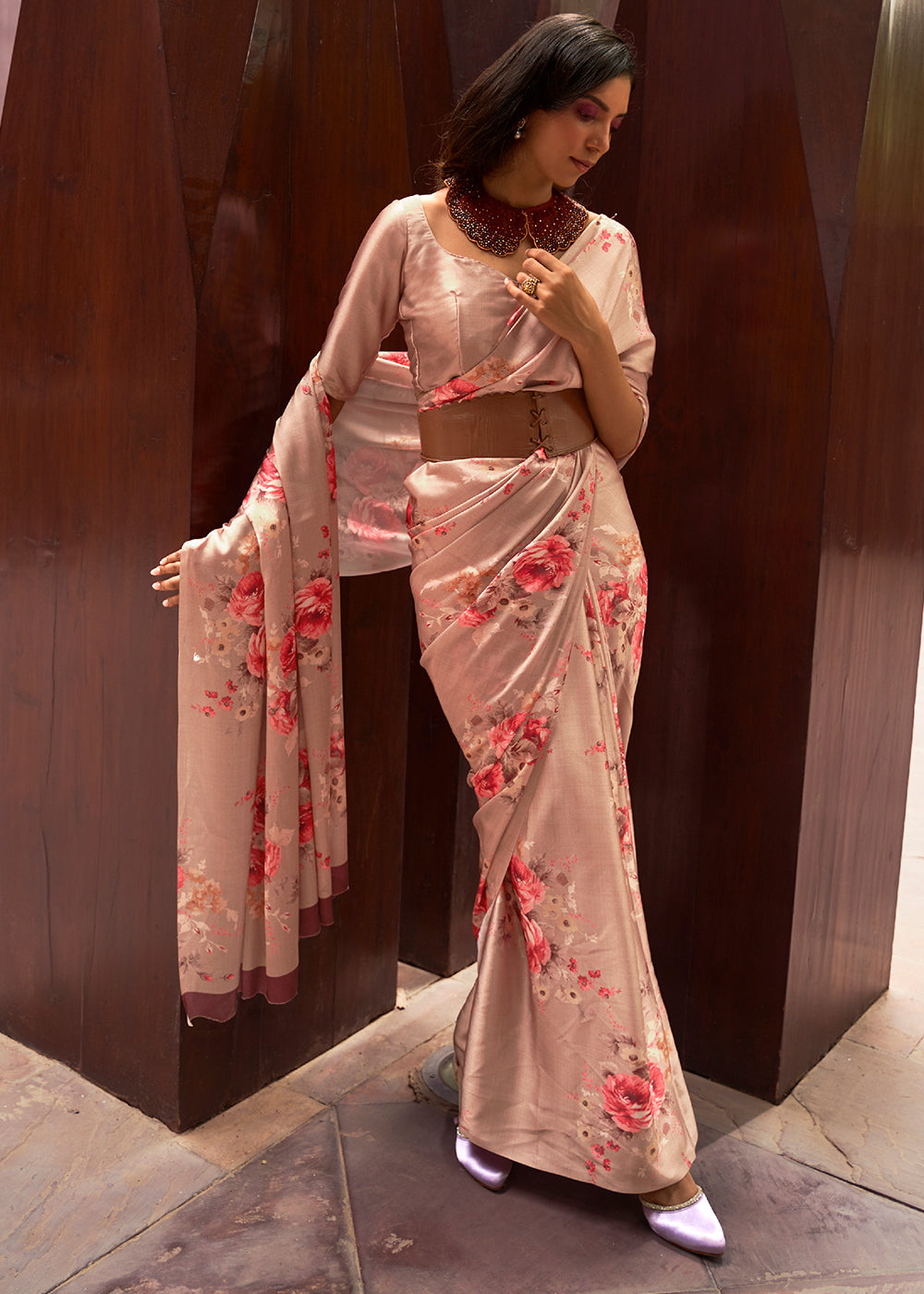 CREPE PEACH WOVEN DIGITAL PRINTED PURE SATIN CREPE SILK SAREE