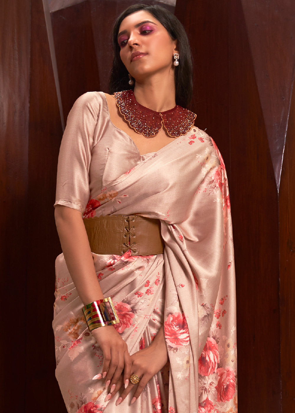 CREPE PEACH WOVEN DIGITAL PRINTED PURE SATIN CREPE SILK SAREE