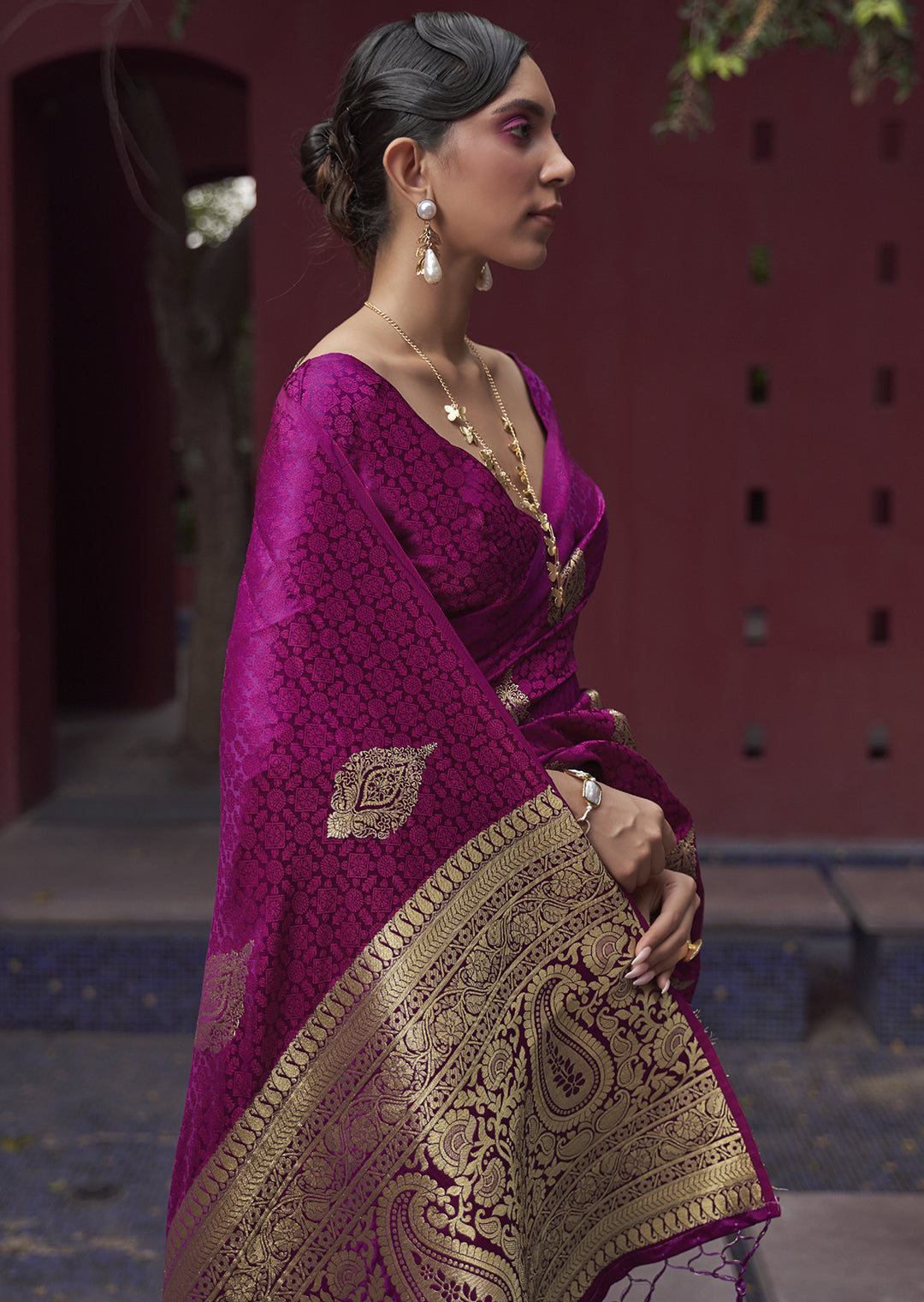 MAGENTA PURPLE ZARI WOVEN PURE SATIN SILK SAREE