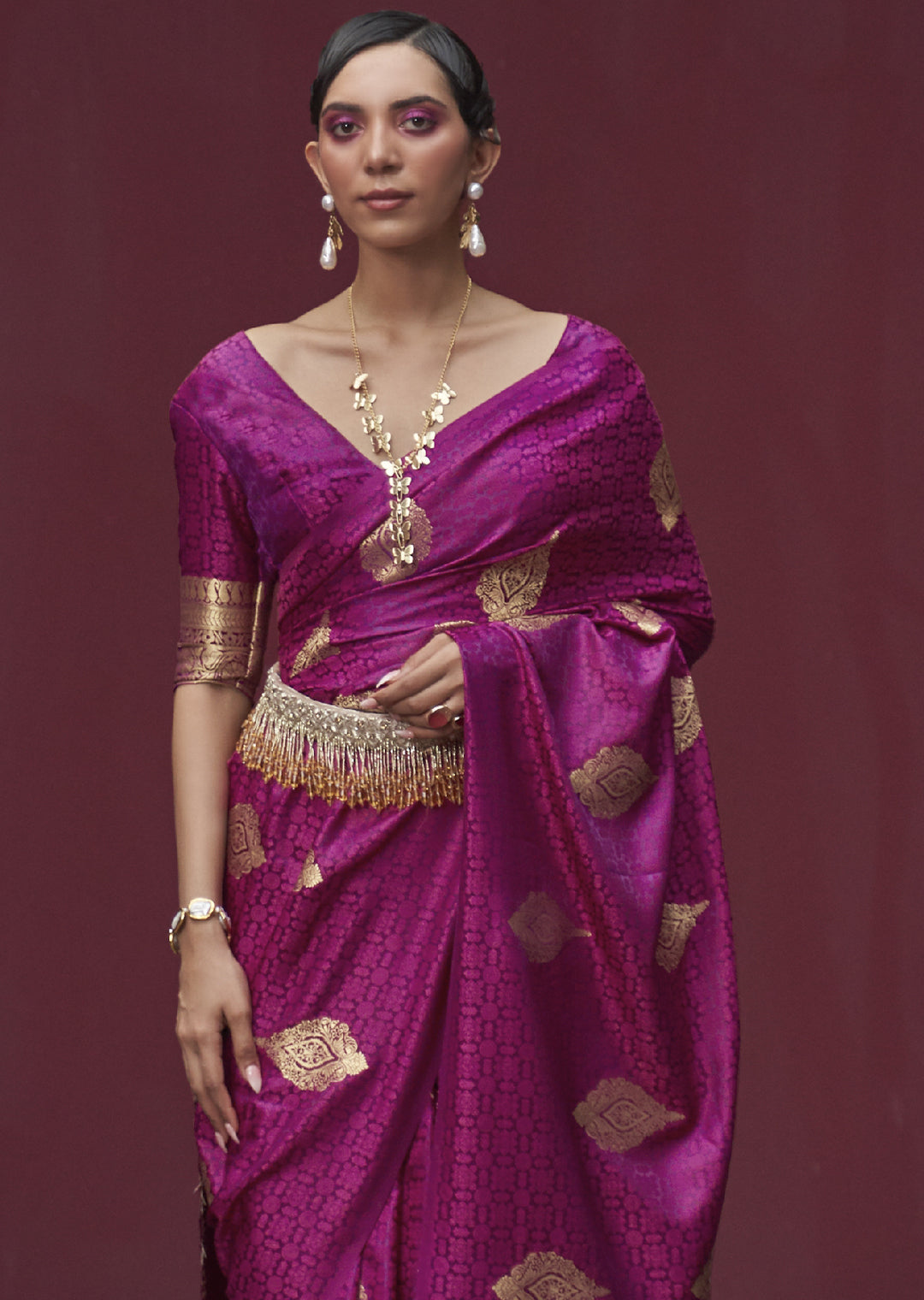 MAGENTA PURPLE ZARI WOVEN PURE SATIN SILK SAREE