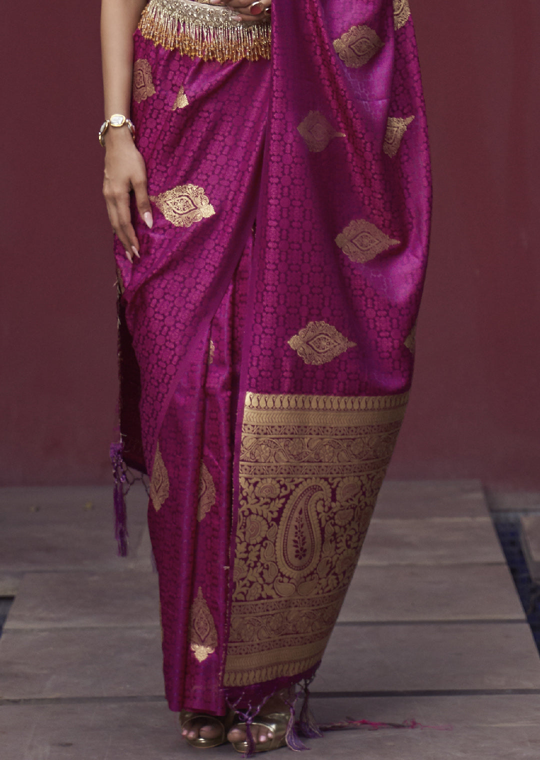 MAGENTA PURPLE ZARI WOVEN PURE SATIN SILK SAREE