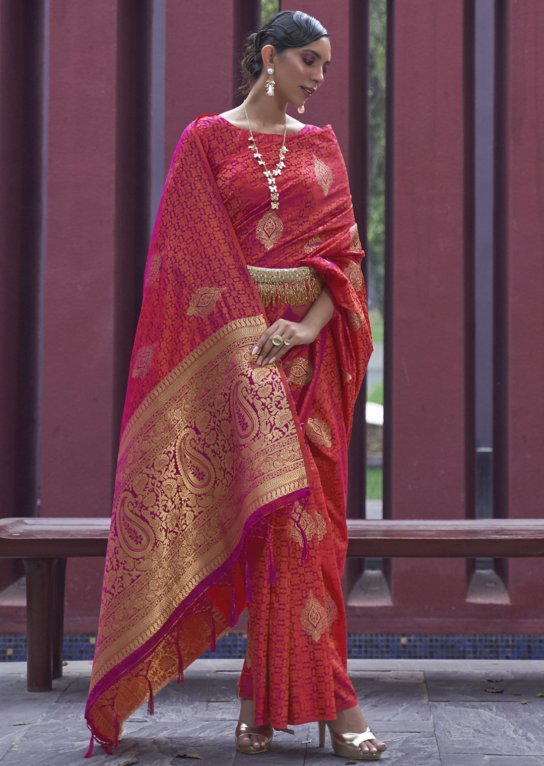 SUNSET ORANGE ZARI WOVEN PURE SATIN SILK SAREE