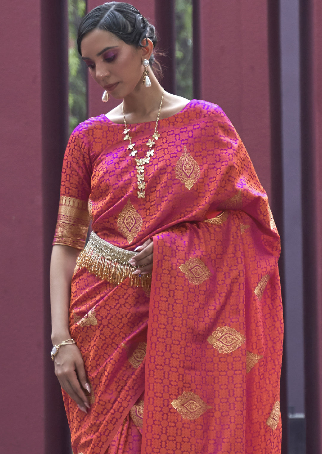 SUNSET ORANGE ZARI WOVEN PURE SATIN SILK SAREE