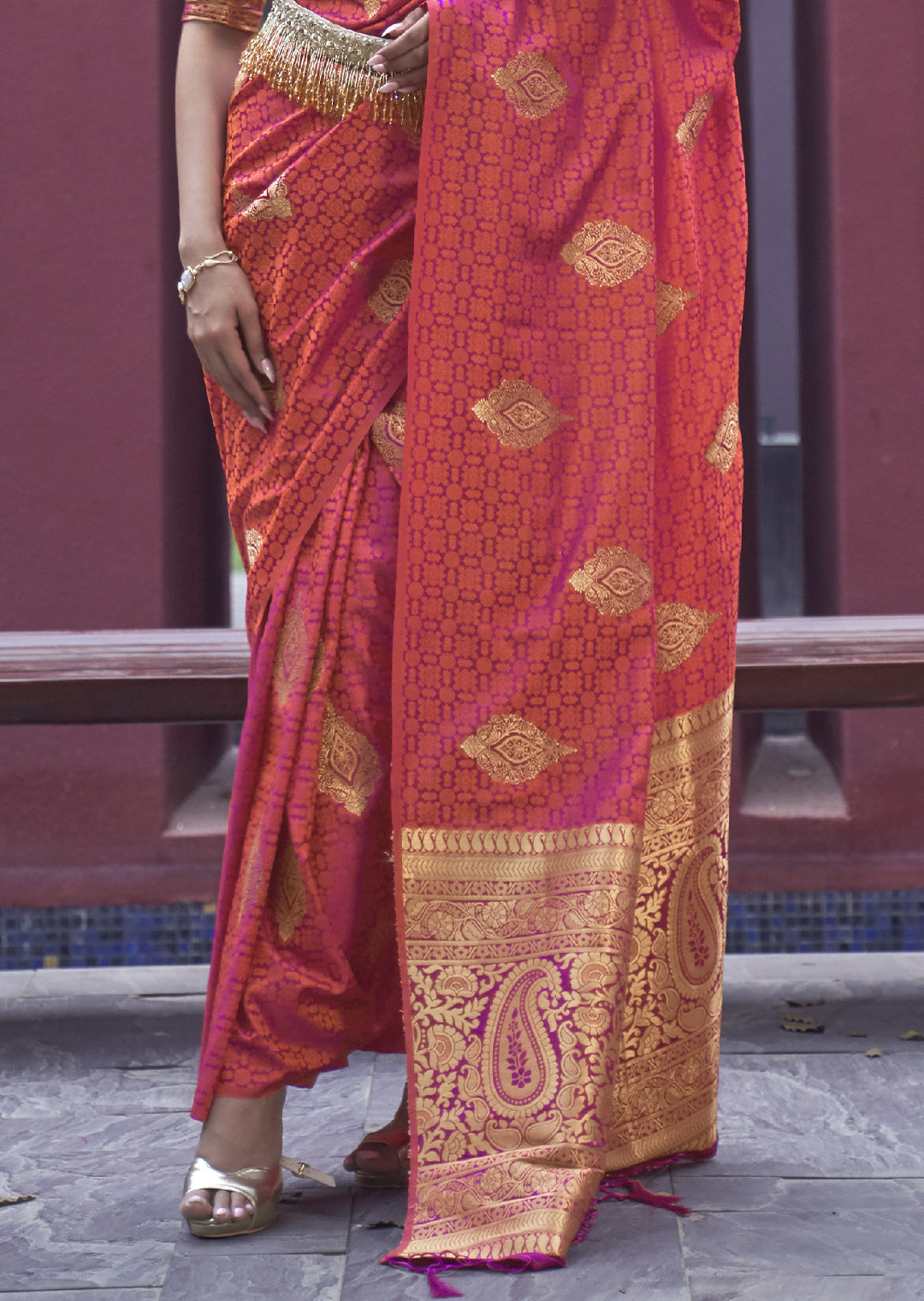 SUNSET ORANGE ZARI WOVEN PURE SATIN SILK SAREE