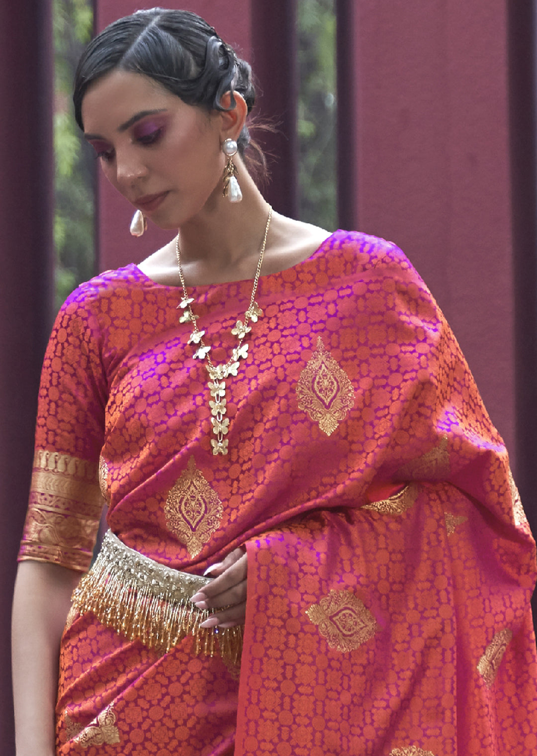 SUNSET ORANGE ZARI WOVEN PURE SATIN SILK SAREE