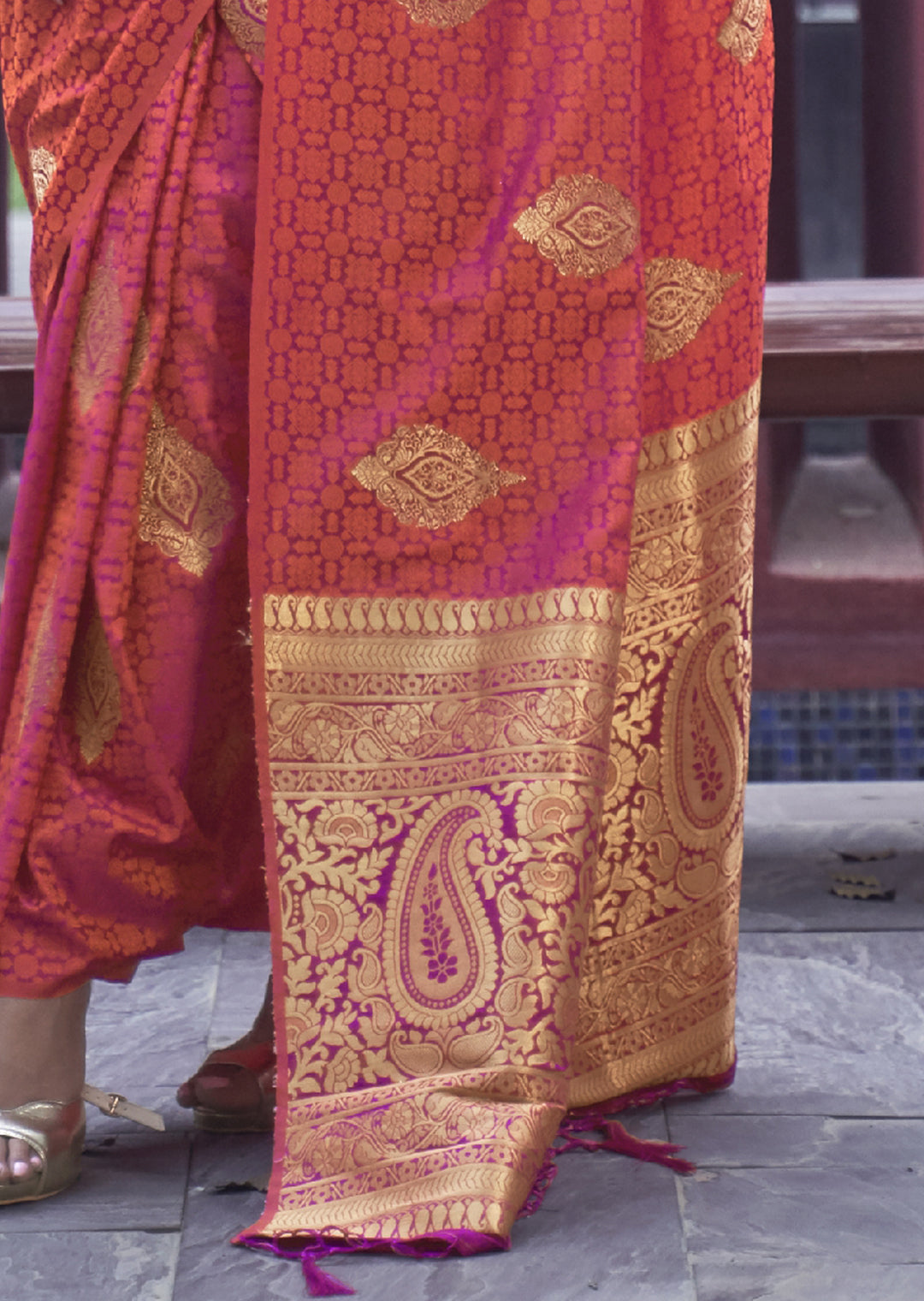 SUNSET ORANGE ZARI WOVEN PURE SATIN SILK SAREE