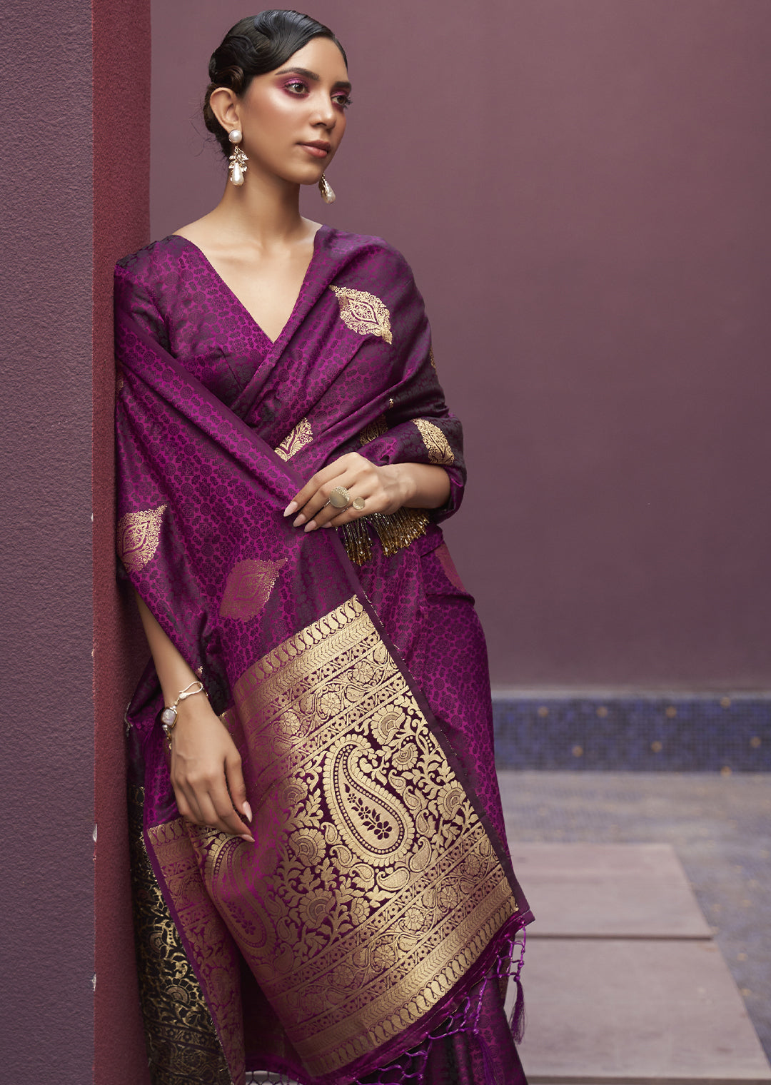 PLUM PURPLE ZARI WOVEN PURE SATIN SILK SAREE