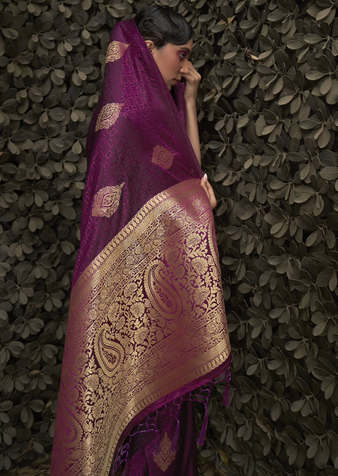 PLUM PURPLE ZARI WOVEN PURE SATIN SILK SAREE