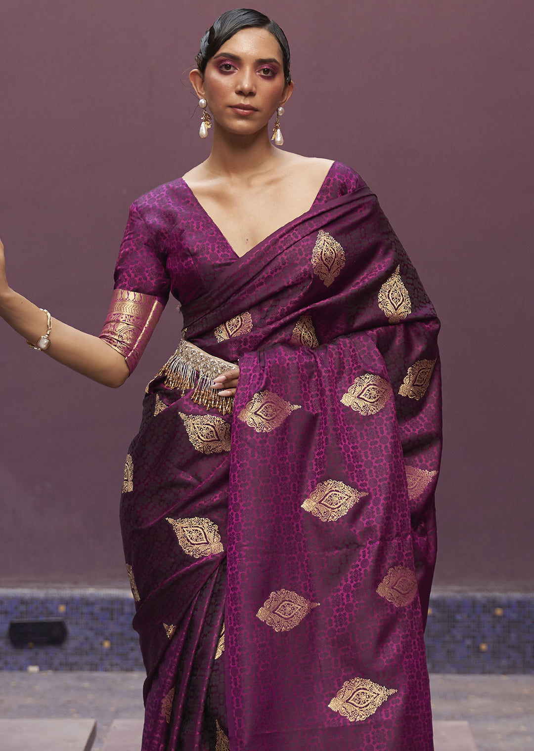 PLUM PURPLE ZARI WOVEN PURE SATIN SILK SAREE