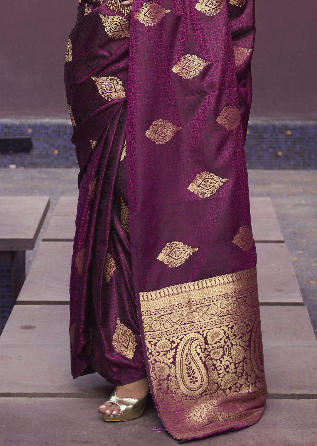 PLUM PURPLE ZARI WOVEN PURE SATIN SILK SAREE