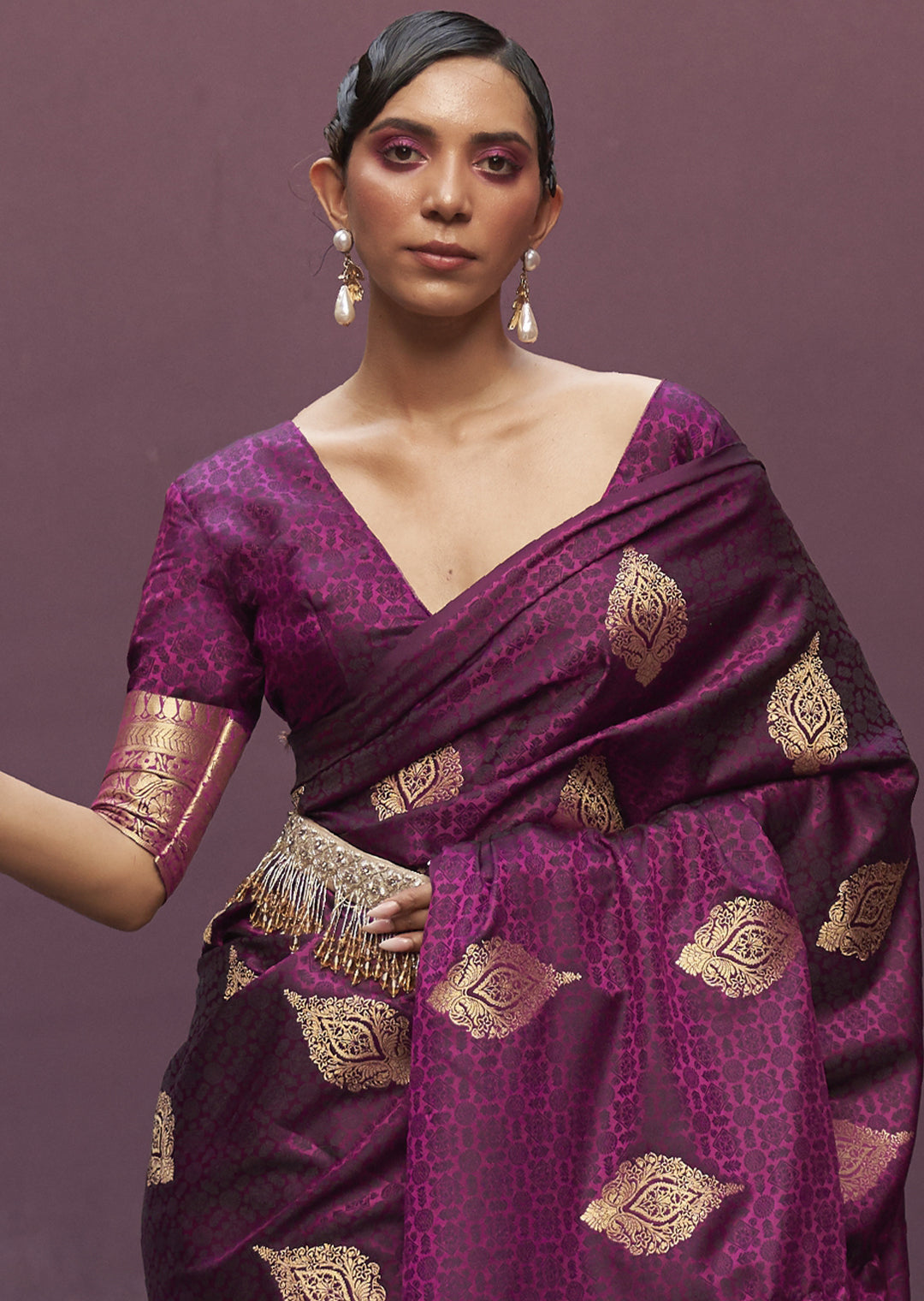 PLUM PURPLE ZARI WOVEN PURE SATIN SILK SAREE