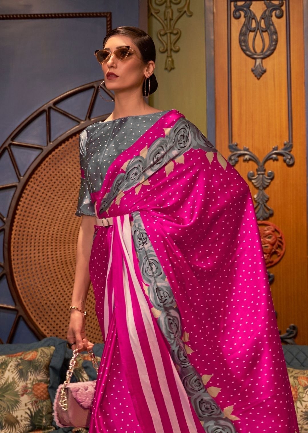 Magenta Pink Digital Printed Satin Crepe Silk Saree