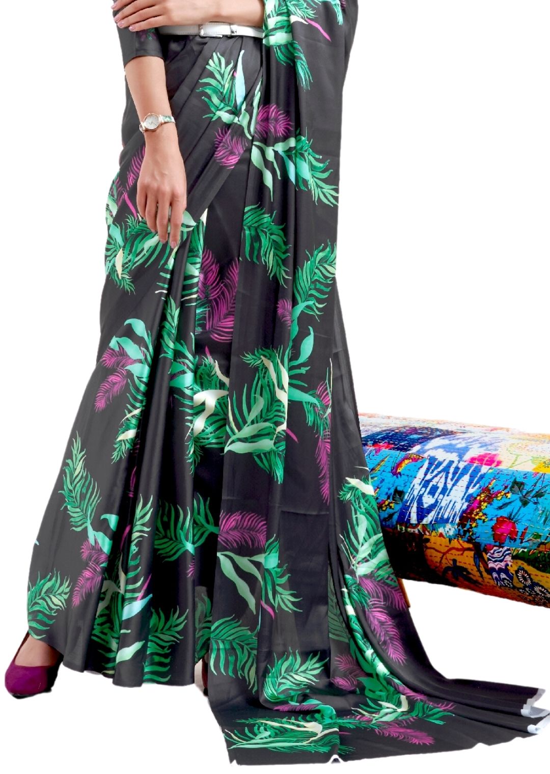 Black Digital Printed Satin Crepe Saree