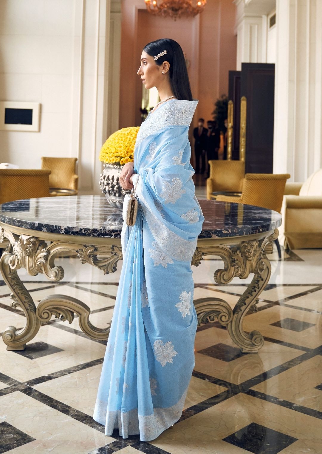 Sky Blue Hand Woven Lucknowi Cotton Saree