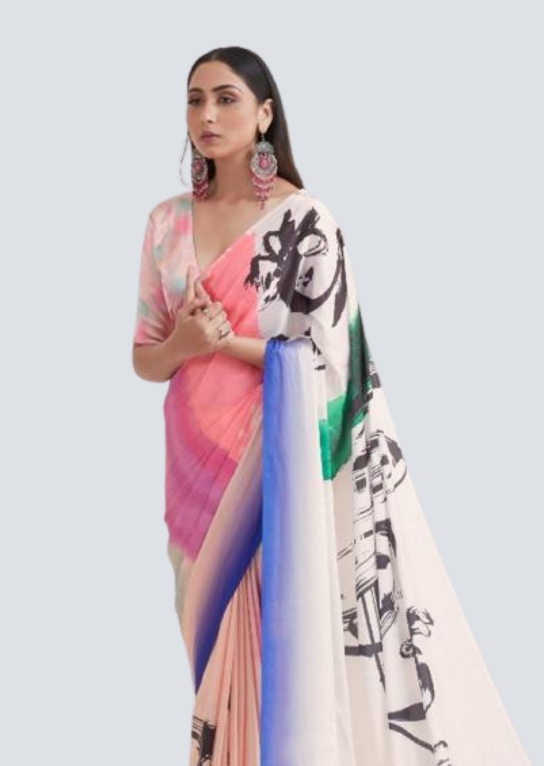 Coral Pink & Blush Pink Digital Printed Satin Crepe Saree
