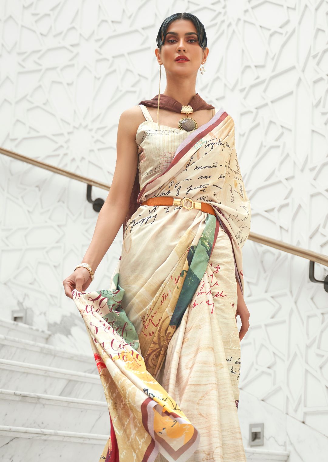 Cream White Kalamkari Printed Pure Crepe Silk Saree