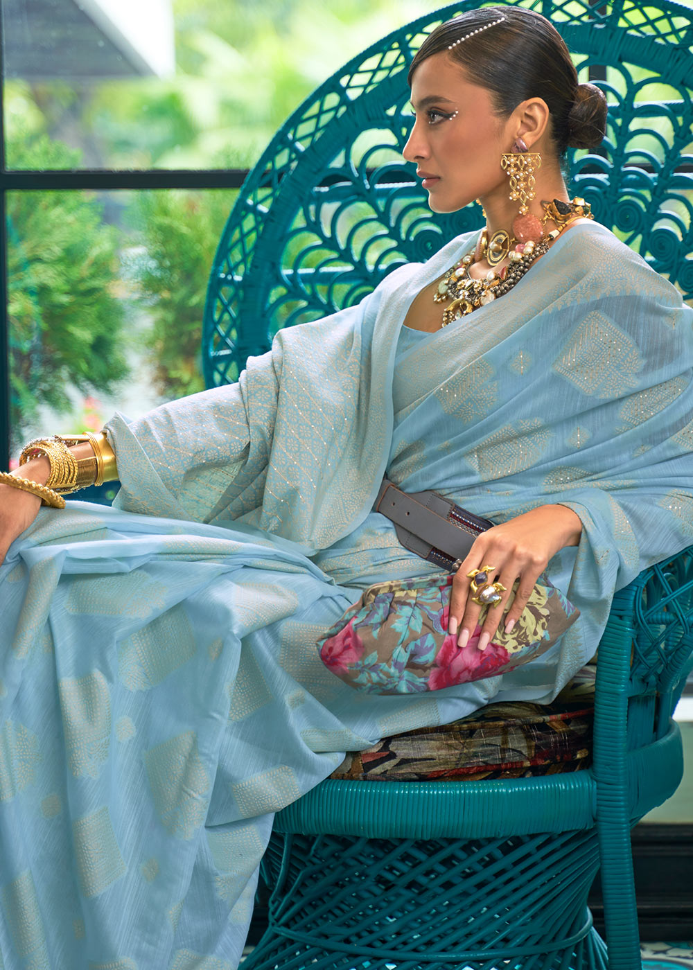 SKY BLUE WOVEN PURE CHIKANKARI SEQUINS LUCKNOWI COTTON SAREE