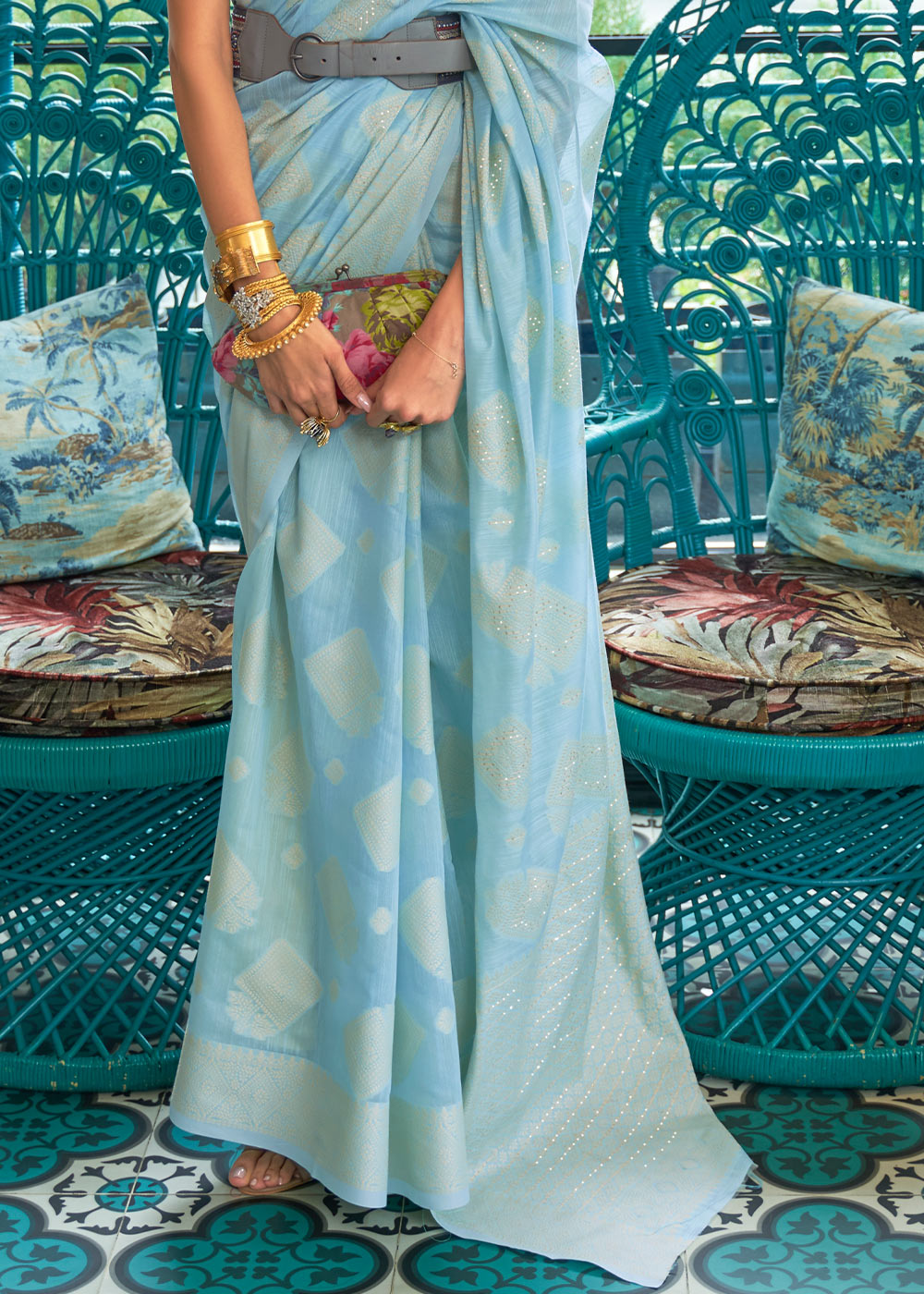 SKY BLUE WOVEN PURE CHIKANKARI SEQUINS LUCKNOWI COTTON SAREE