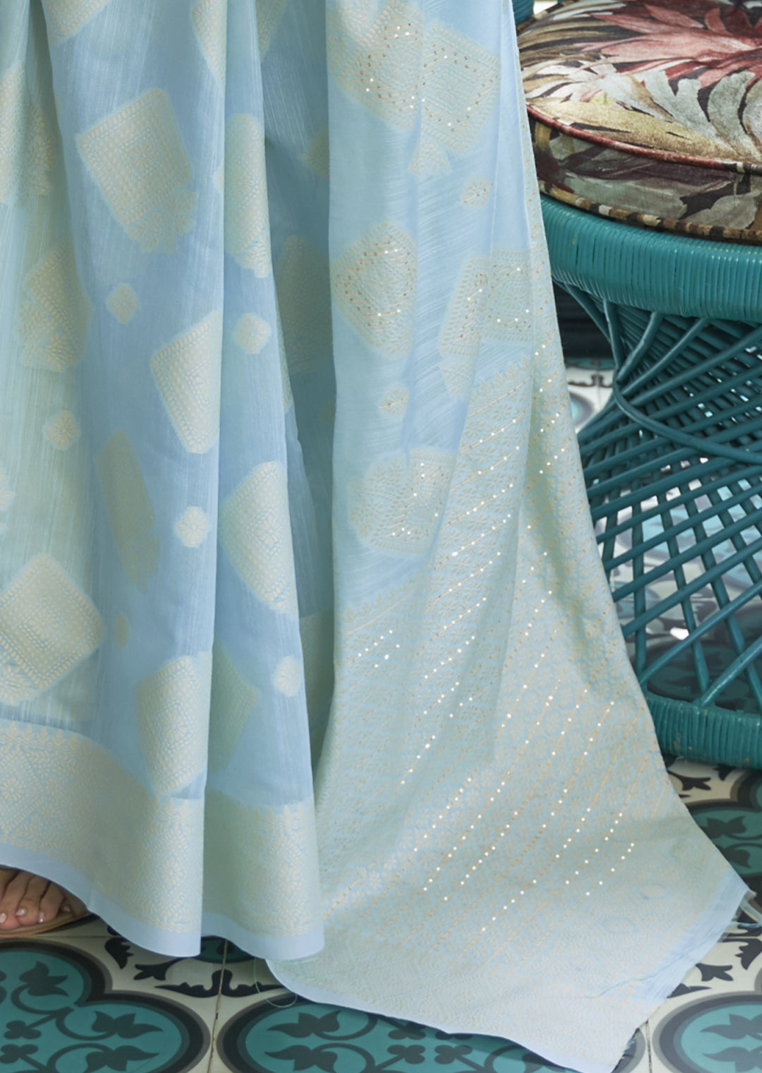 SKY BLUE WOVEN PURE CHIKANKARI SEQUINS LUCKNOWI COTTON SAREE
