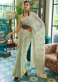 TEA GREEN WOVEN PURE CHIKANKARI SEQUINS LUCKNOWI COTTON SAREE