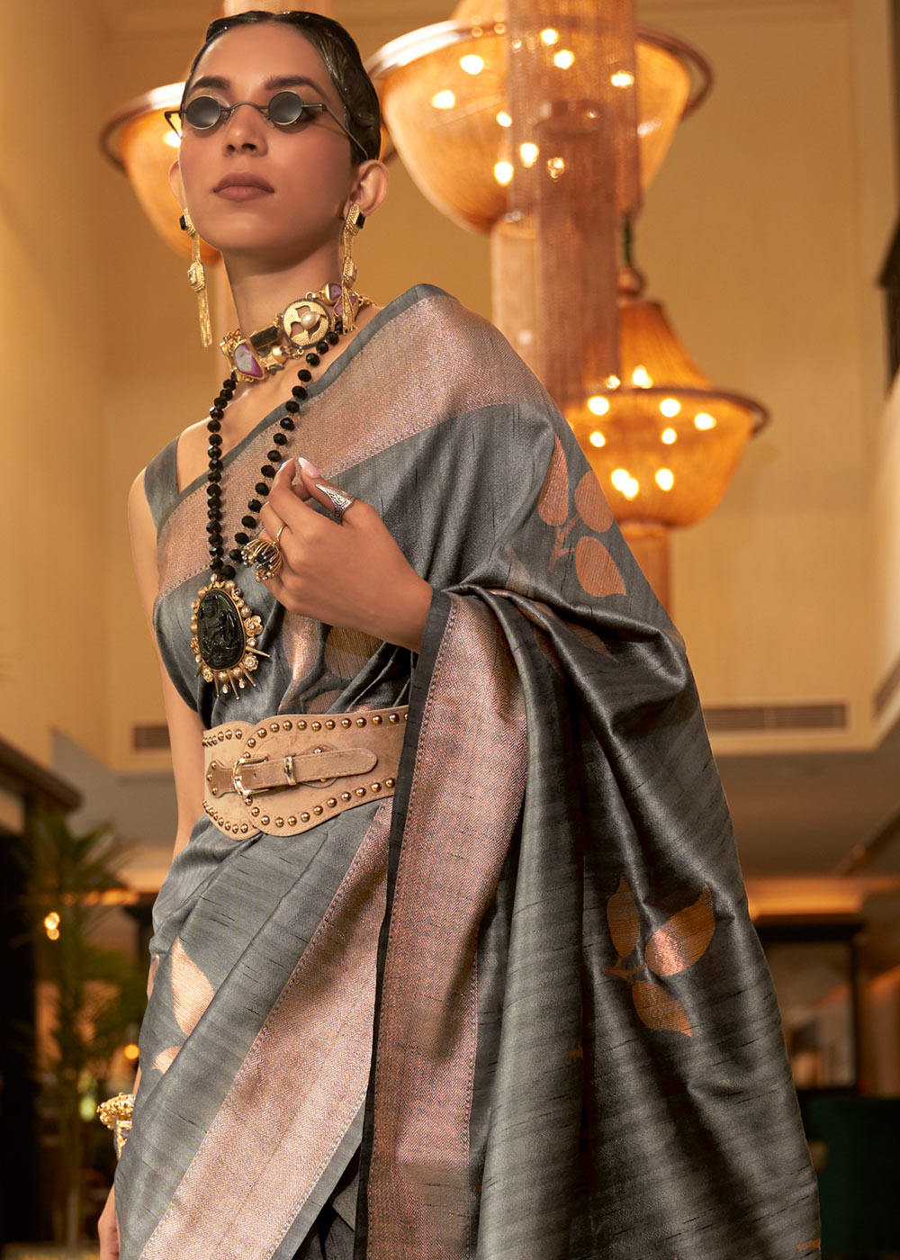 SLATE GRAY COPPER ZARI WOVEN HANDLOOM SILK SAREE