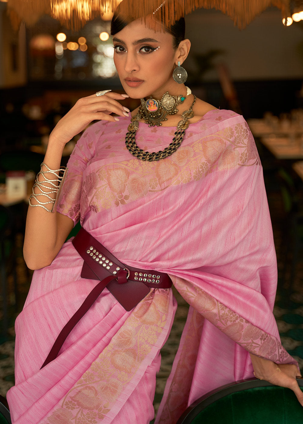 CARNATION PINK ZARI WOVEN HANDLOOM SILK SAREE