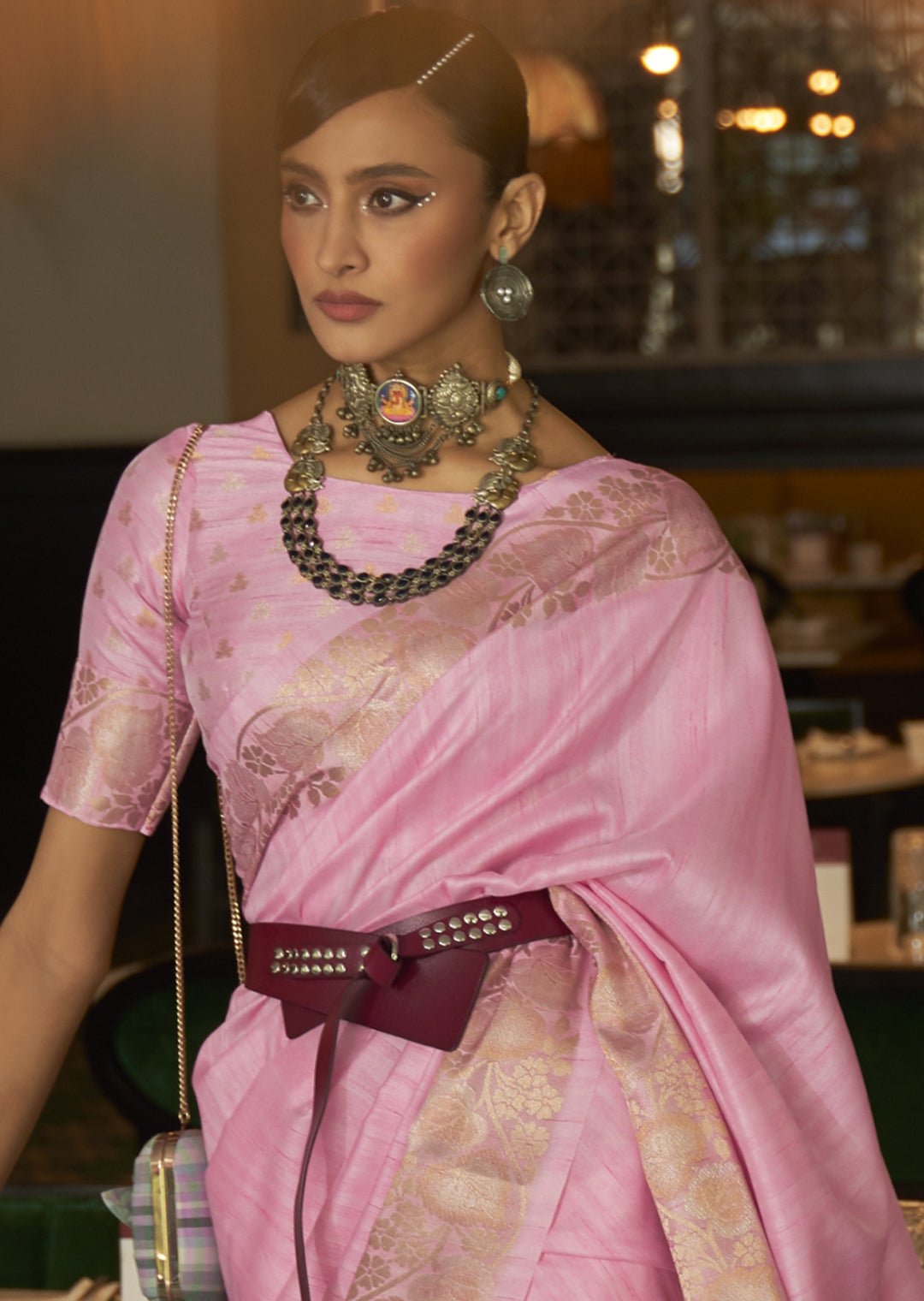 CARNATION PINK ZARI WOVEN HANDLOOM SILK SAREE