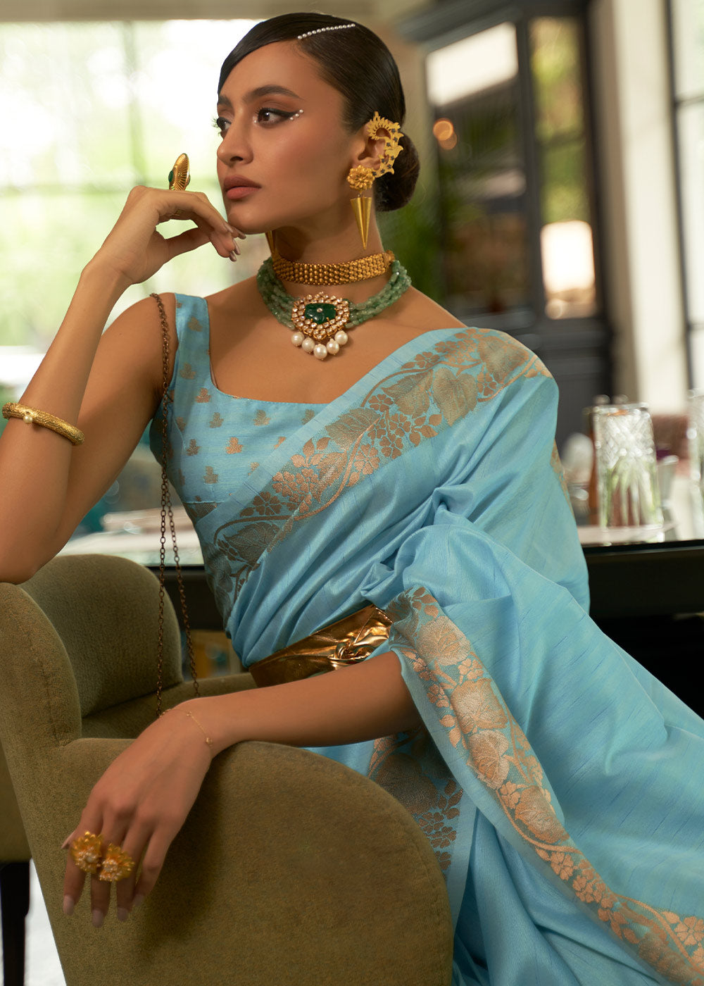 CYAN BLUE ZARI WOVEN HANDLOOM SILK SAREE