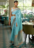 CYAN BLUE ZARI WOVEN HANDLOOM SILK SAREE