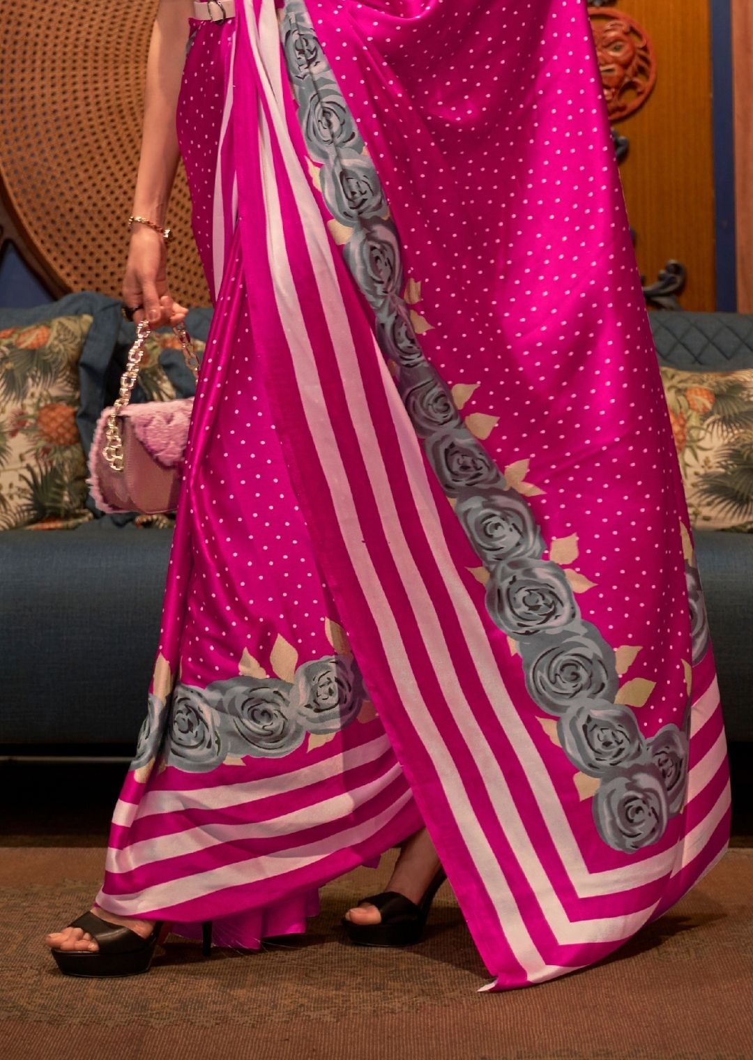 Magenta Pink Digital Printed Satin Crepe Silk Saree