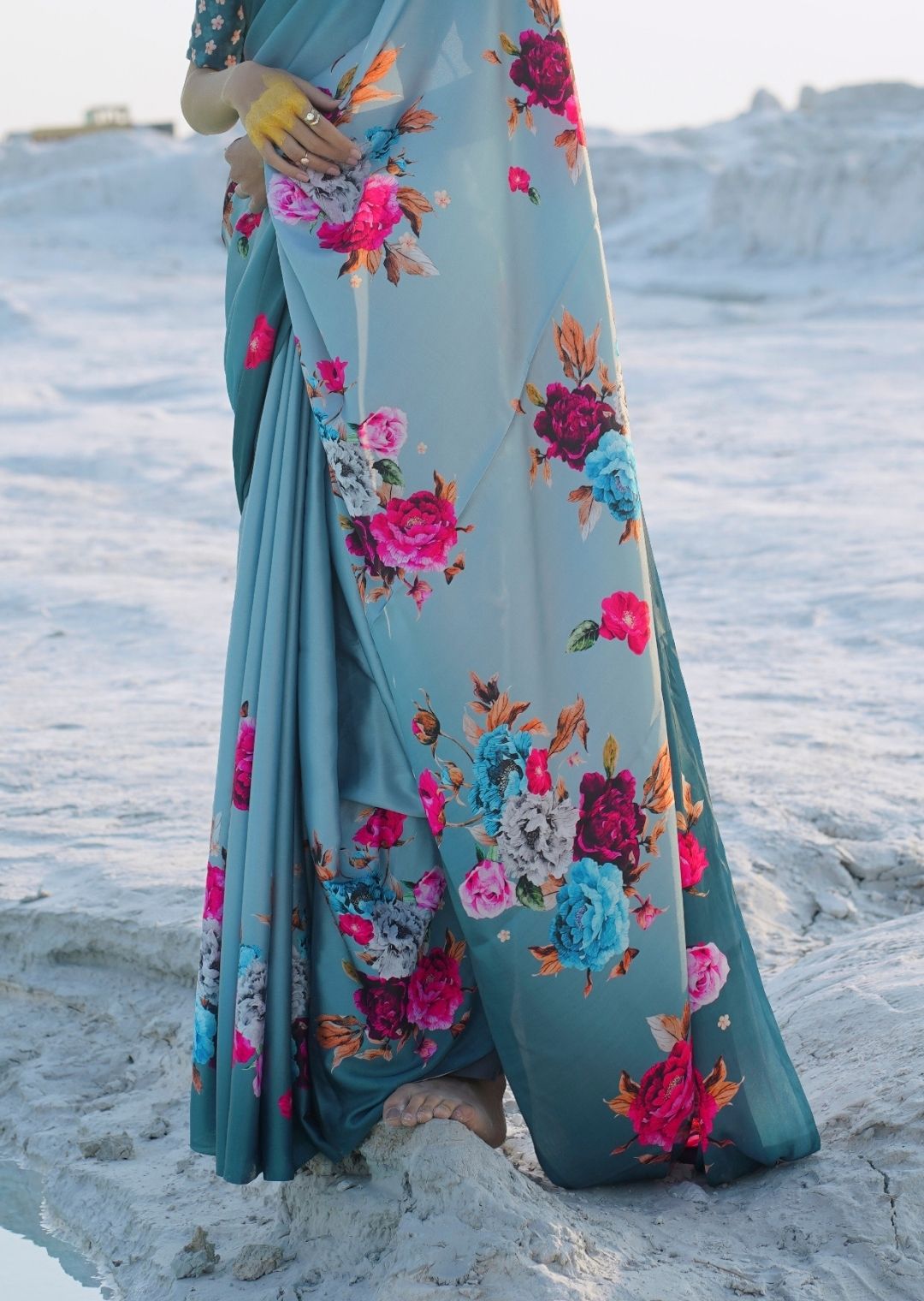 Turkish Blue Digital Printed Satin Crepe Saree