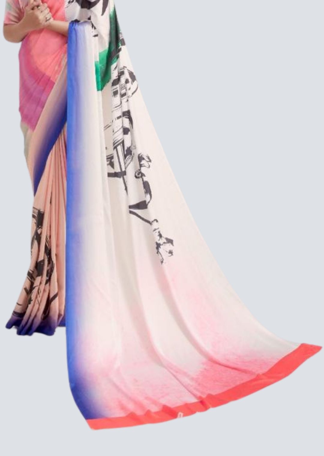 Coral Pink & Blush Pink Digital Printed Satin Crepe Saree