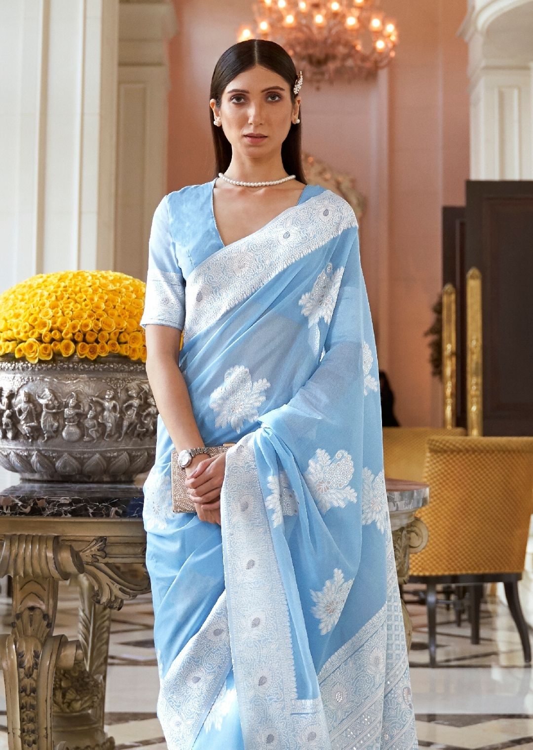Sky Blue Hand Woven Lucknowi Cotton Saree