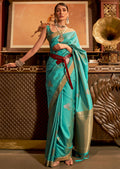 DEEP TURQUOISE BLUE ZARI WOVEN HANDLOOM SOUTH SILK SAREE