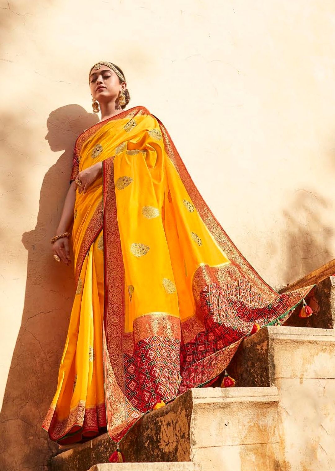 Mustard Yellow Woven Traditional Patola Silk Saree With Embroidered Silk Blouse