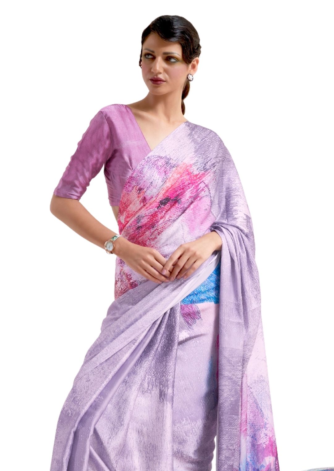 Light Lavender Purple Digital Printed Satin Crepe Saree