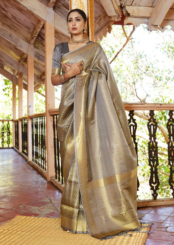 Grey Gold Hand Woven Kanjivaram Silk Saree