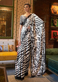 Black & White Digital Printed Satin Crepe Silk Saree