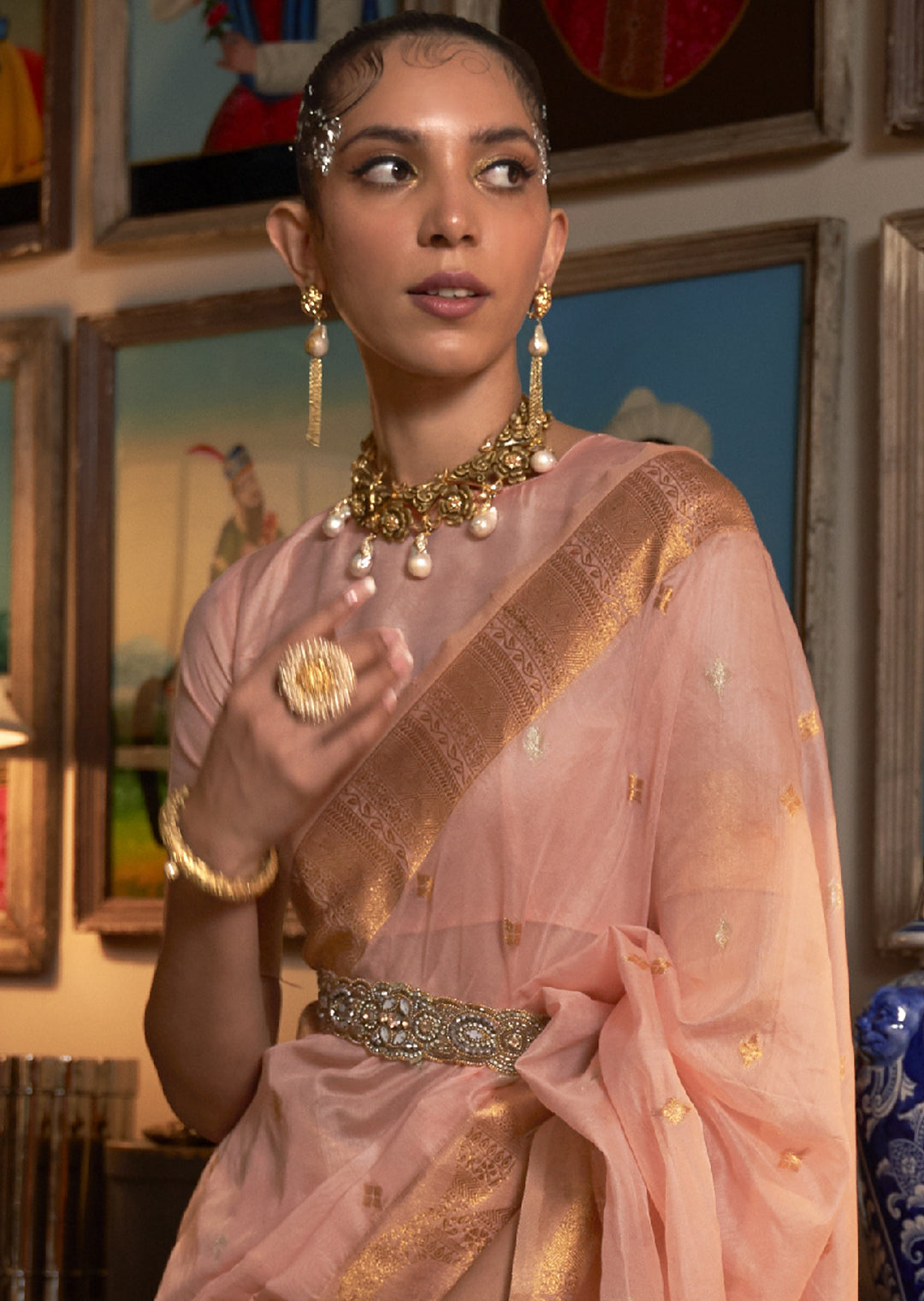 PEACH COPPER ZARI WOVEN PURE HANDLOOM ORGANZA SILK SAREE